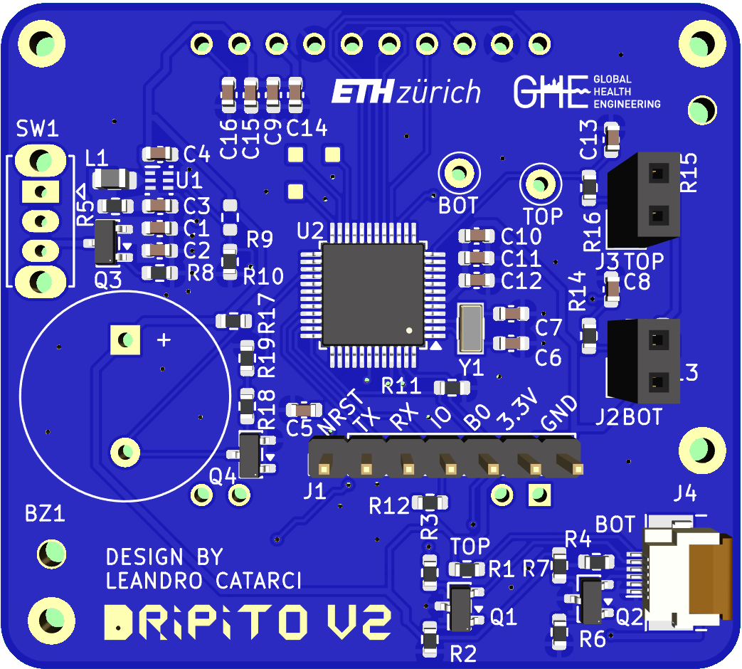 Dripito V2 PCB · top side · KiCad 3D render